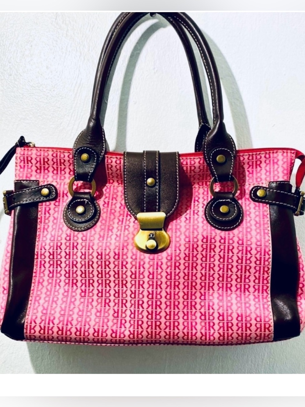 Pedro Rogado Large Pink Canvas Bag With Brown Leather Handle and Accents.